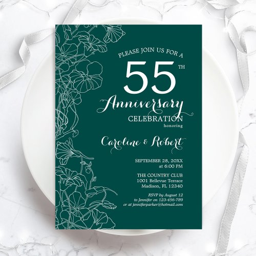 Emerald Green Floral 55th Anniversary Invitation