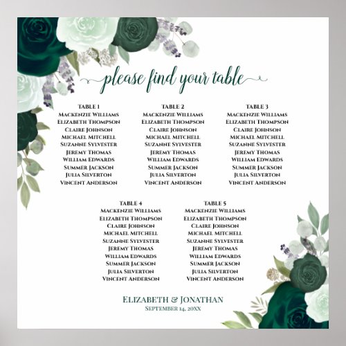 Emerald Green Floral 5 Table Wedding Seating Chart