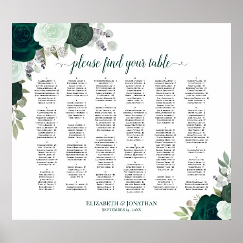 Emerald Green Floral Alphabetical Seating Chart