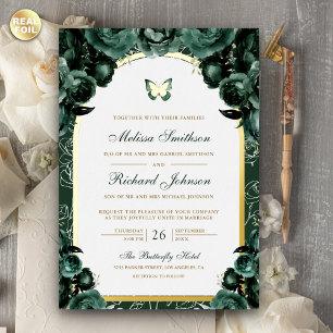 Emerald Green Floral Arch Butterfly Wedding Gold Foil Invitation