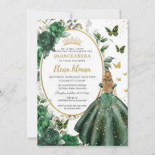 Emerald Green Floral Blonde Princess Quinceañera  Invitation