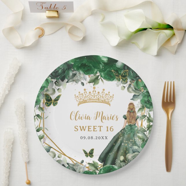 Emerald Green Floral Blonde Princess Sweet Sixteen Paper Plates (Wedding)