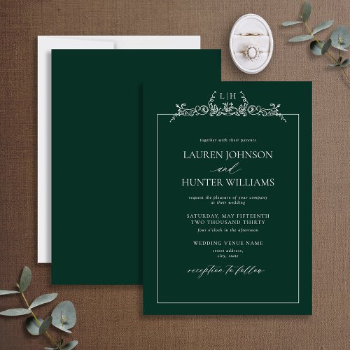 Emerald Green Floral Border Monogram Wedding Invitation