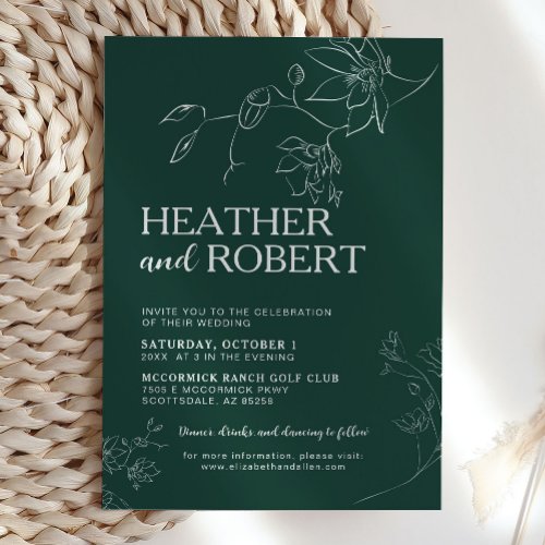 Emerald Green Floral Botanical Boho Simple Wedding Invitation