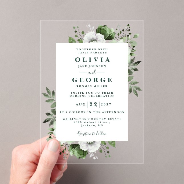 Emerald Green Floral Botanical Modern Wedding Acrylic Invitations (Insitu (Handheld))