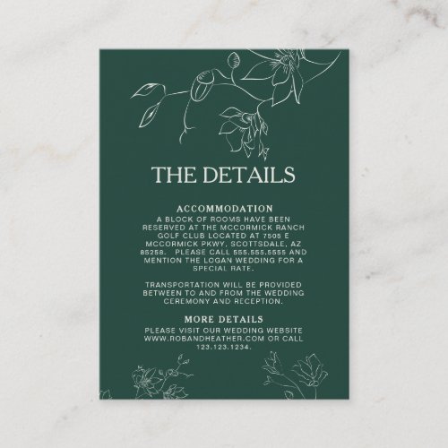 Emerald Green Floral Botanical Wedding Details Enclosure Card