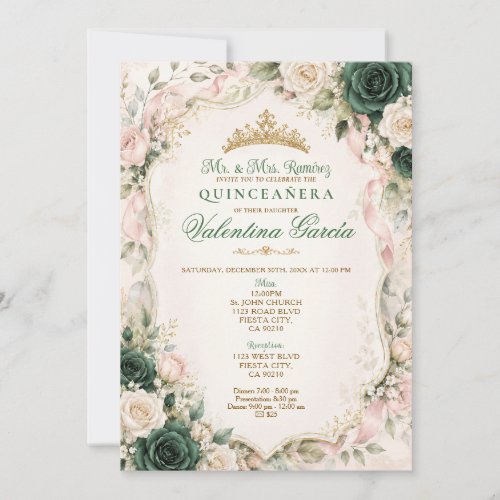 Emerald Green Floral Bow Quinceañera Invitation