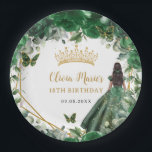 Emerald Green Floral Brown Princess 18th Birthday Paper Plates<br><div class="desc">Personalize these pretty emerald green floral Quinceañera / Sweet 16 / 18th birthday round paper plates easily and quickly. Simply click the customize it further button to edit the texts, change fonts and fonts colors. Featuring beautiful emerald green flowers and a girl dressed in a pretty emerald green dress. Matching...</div>