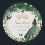 Emerald Green Floral Brown Princess 18th Birthday Paper Plates<br><div class="desc">Personalize these pretty emerald green floral Quinceañera / Sweet 16 / 18th birthday round paper plates easily and quickly. Simply click the customize it further button to edit the texts, change fonts and fonts colors. Featuring beautiful emerald green flowers and a girl dressed in a pretty emerald green dress. Matching...</div>