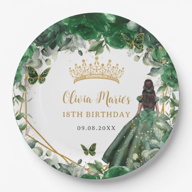 Emerald Green Floral Brown Princess 18th Birthday Paper Plates (Front)