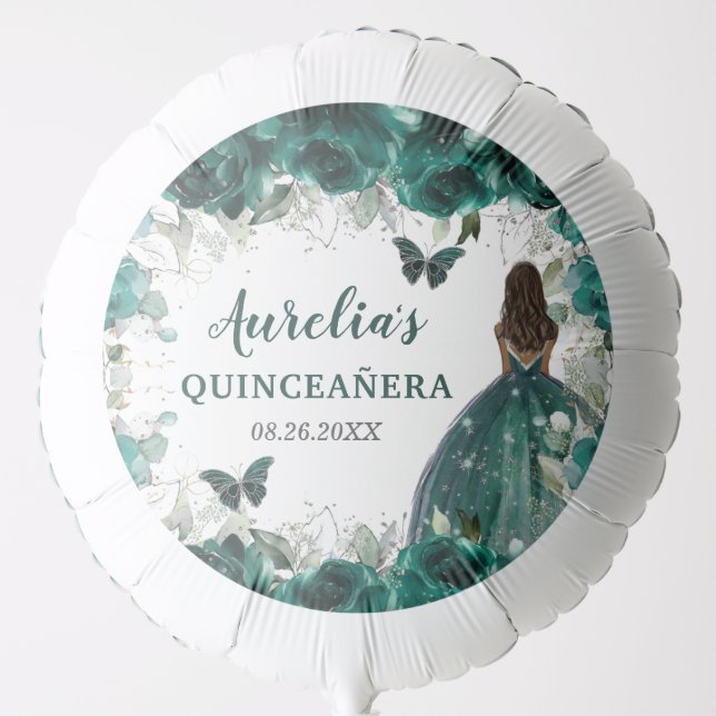 Emerald Green Floral Brown Princess Butterflies Balloon (Front)