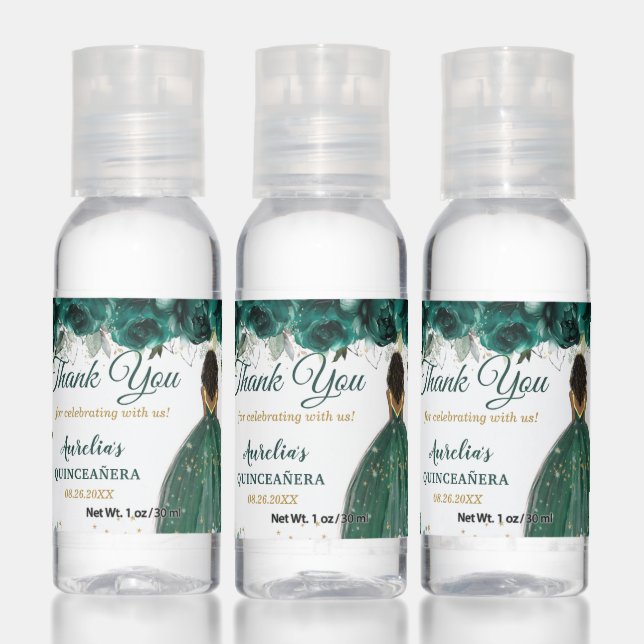 Emerald Green Floral Brown Princess Quinceanera Hand Sanitizer (Set)