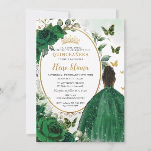 Emerald Green Floral Brown Princess Quinceaera Invitation