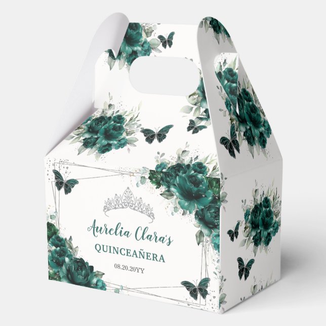 Emerald Green Floral Butterflies Birthday Gable Favor Boxes (Front)