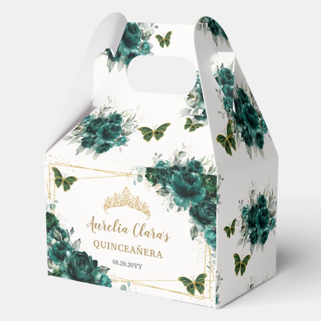 Emerald Green Floral Butterflies Birthday Gable Favor Boxes (Front)