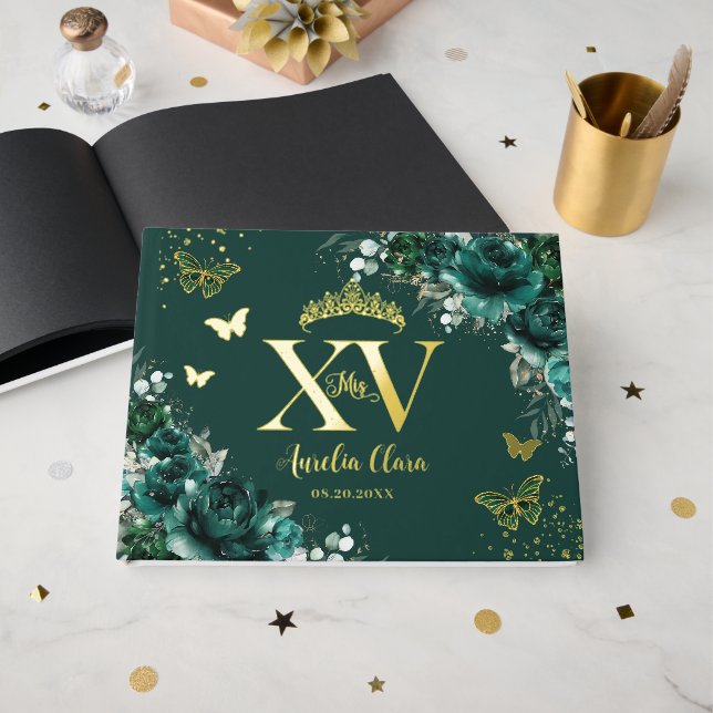 Emerald Green Floral Butterflies Gold Quinceañera  Foil Guest Book (Front Open)