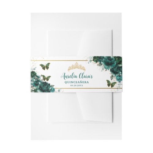 Emerald Green Floral Butterflies Gold Quinceanera Invitation Belly Band