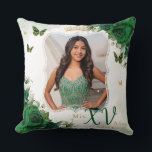 Emerald Green Floral Butterflies Photo Quinceañera Throw Pillow<br><div class="desc">Personalize this elegant emerald green floral Quinceañera / Sweet 16 birthday picture / photograph throw pillow easily and quickly. Simply click the Edit Using Design Tools button to further edit the texts, change fonts and fonts colors. Featuring vibrant watercolor emerald green flowers, a girl dressed in a lovely emerald green...</div>