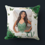 Emerald Green Floral Butterflies Photo Quinceañera Throw Pillow<br><div class="desc">Personalize this elegant emerald green floral Quinceañera / Sweet 16 birthday picture / photograph throw pillow easily and quickly. Simply click the Edit Using Design Tools button to further edit the texts, change fonts and fonts colors. Featuring vibrant watercolor emerald green flowers, a girl dressed in a lovely emerald green...</div>