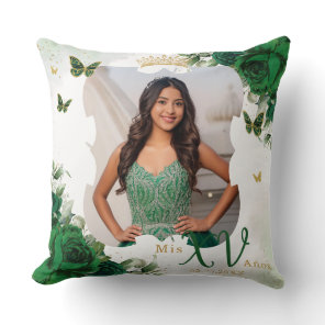 Emerald Green Floral Butterflies Photo Quinceañera Throw Pillow