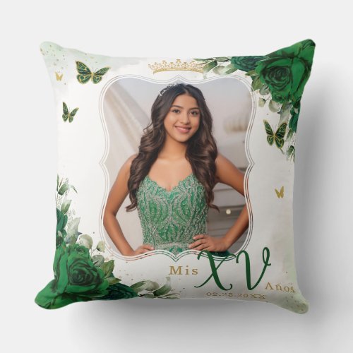 Emerald Green Floral Butterflies Photo Quinceaera Throw Pillow