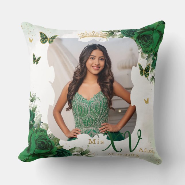 Emerald Green Floral Butterflies Photo Quinceañera Throw Pillow (Front)