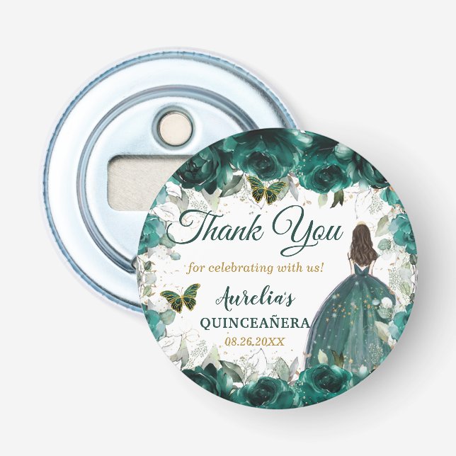 Emerald Green Floral Butterflies Princess Favor Bottle Opener (Front)