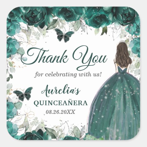 Emerald Green Floral Butterflies Princess Favor Square Sticker