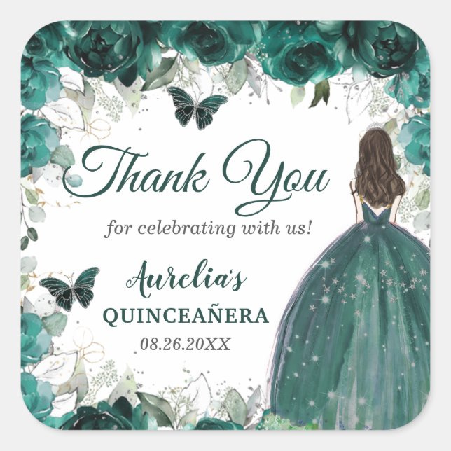 Emerald Green Floral Butterflies Princess Favor Square Sticker (Front)