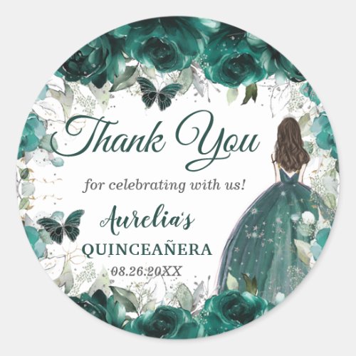 Emerald Green Floral Butterflies Princess Silver  Classic Round Sticker