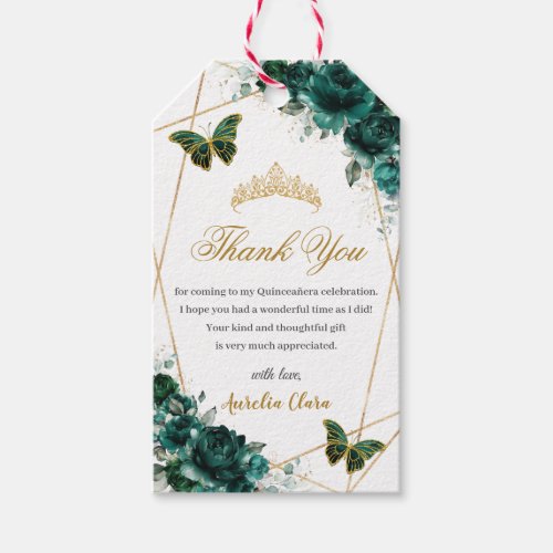 Emerald Green Floral Butterflies Quince Birthday  Gift Tags