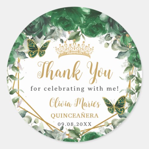Emerald Green Floral Butterflies Quinceaera Favor Classic Round Sticker