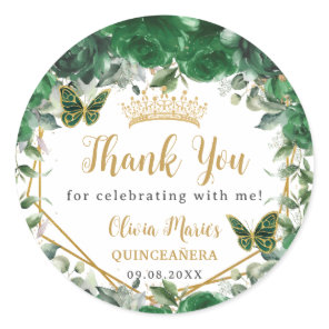 Emerald Green Floral Butterflies Quinceañera Favor Classic Round Sticker