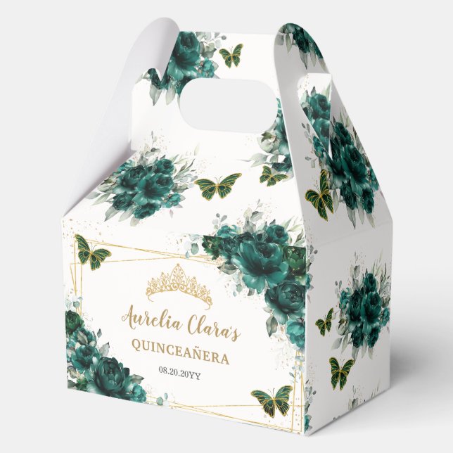Emerald Green Floral Butterflies Quinceanera Gable Favor Boxes (Front)