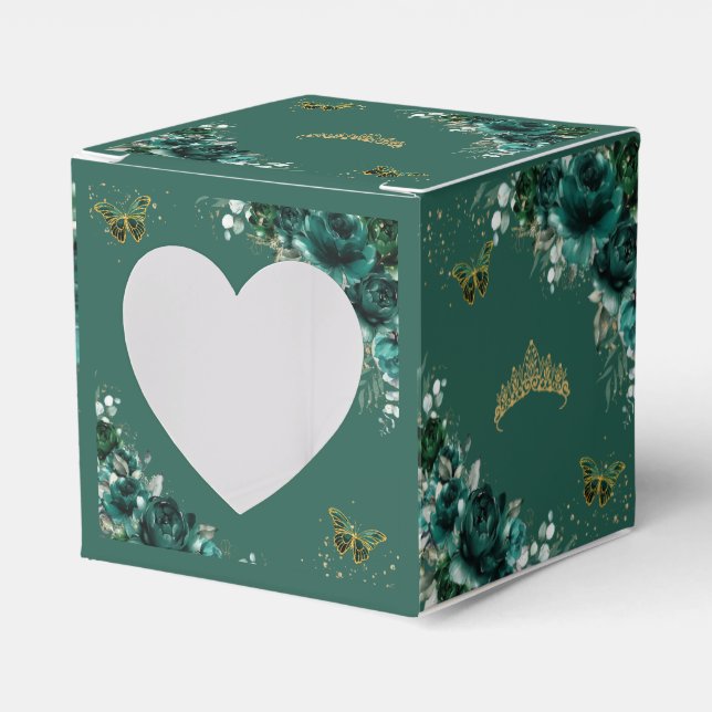 Emerald Green Floral Butterflies Quinceanera Mini  Favor Boxes (Front Side)