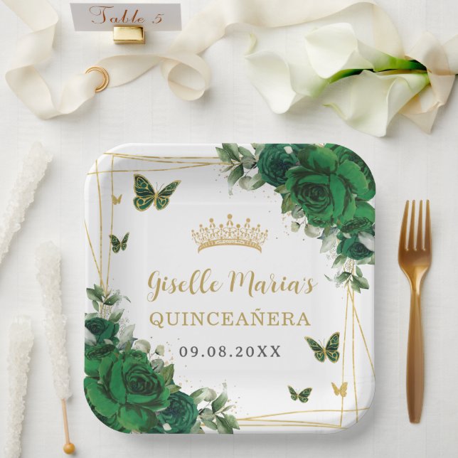 Emerald Green Floral Butterflies Quinceañera Paper Plates (Wedding)