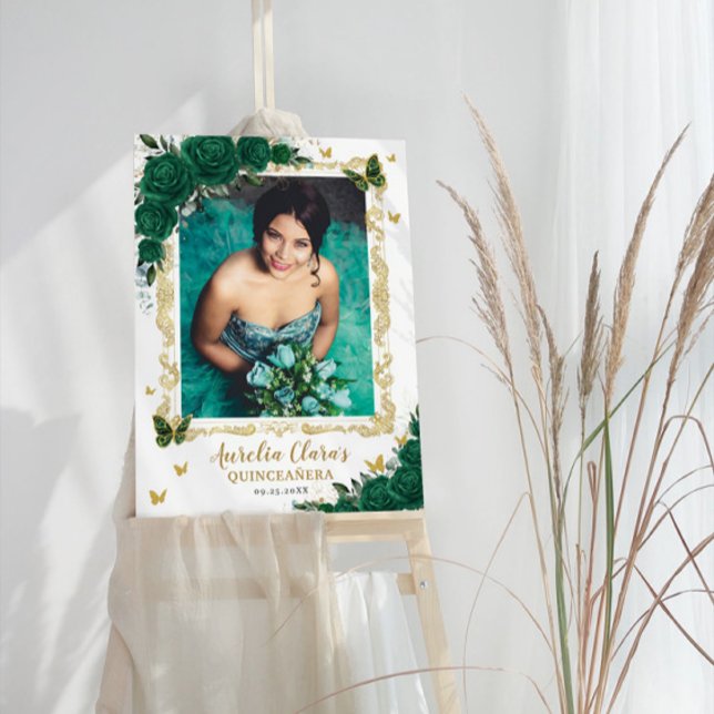 Emerald Green Floral Butterflies Quinceanera Photo Foam Board (Creator Uploaded)