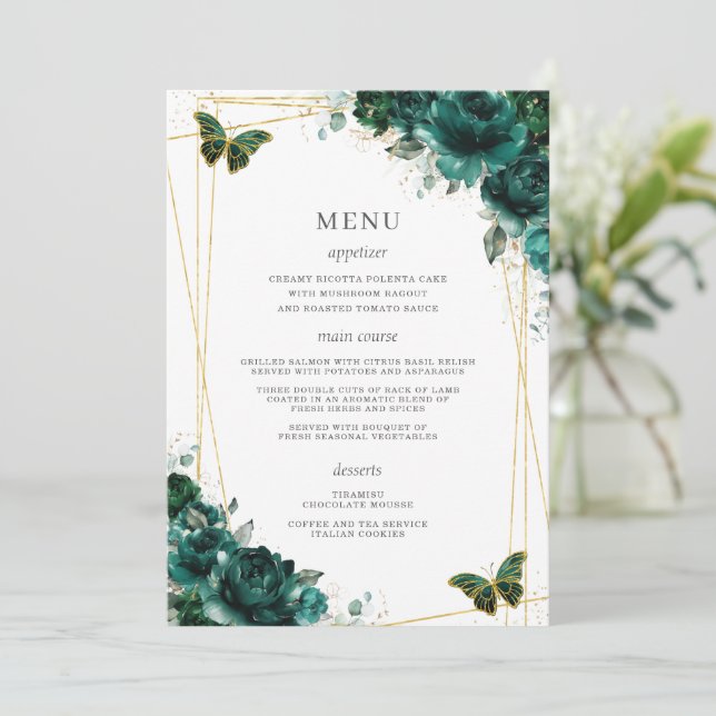 Emerald Green Floral Butterflies Quinceanera  Program (Standing Front)