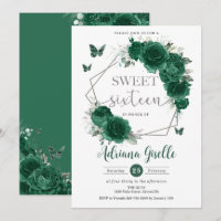 Emerald Green Floral Butterflies Sweet 16 Birthday