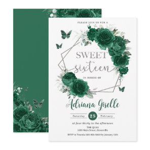Emerald Green Floral Butterflies Sweet 16 Birthday Invitation