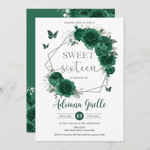 Emerald Green Floral Butterflies Sweet 16 Birthday Invitation