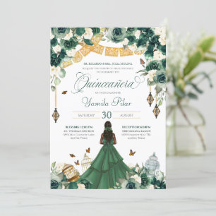 Emerald Green Floral Butterfly Elegant Quince 15th Invitation