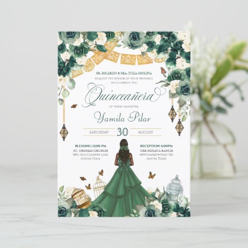 Emerald Green Floral Butterfly Elegant Quince 15th Invitation