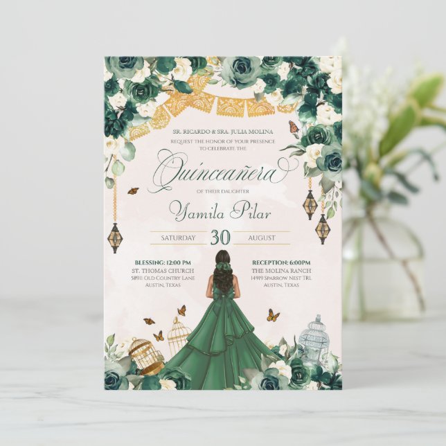 Emerald Green Floral Butterfly Elegant Quinceanera Invitation (Standing Front)