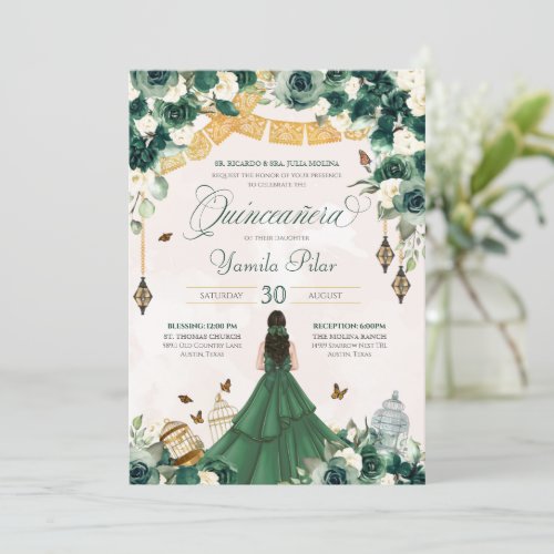 Emerald Green Floral Butterfly Elegant Quinceanera Invitation