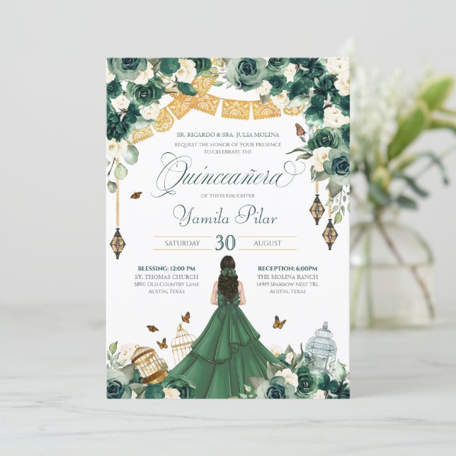 Emerald Green Floral Butterfly Elegant Quinceanera Invitation (Standing Front)