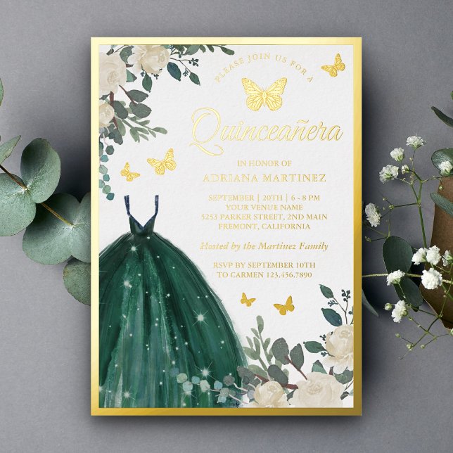 Emerald Green Floral Butterfly Quinceanera Gold Foil Invitation (Creator Uploaded)