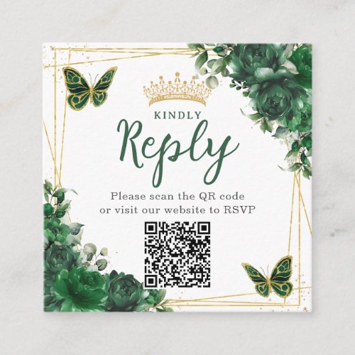 Emerald Green Floral Butterfly Quinceanera QR Code Enclosure Card