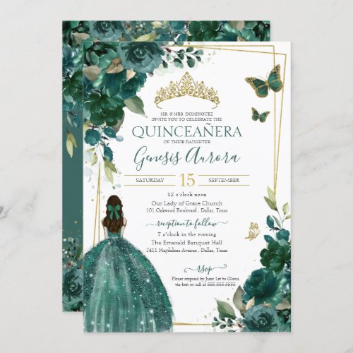 Emerald Green Floral Butterfly with Dress Invitation