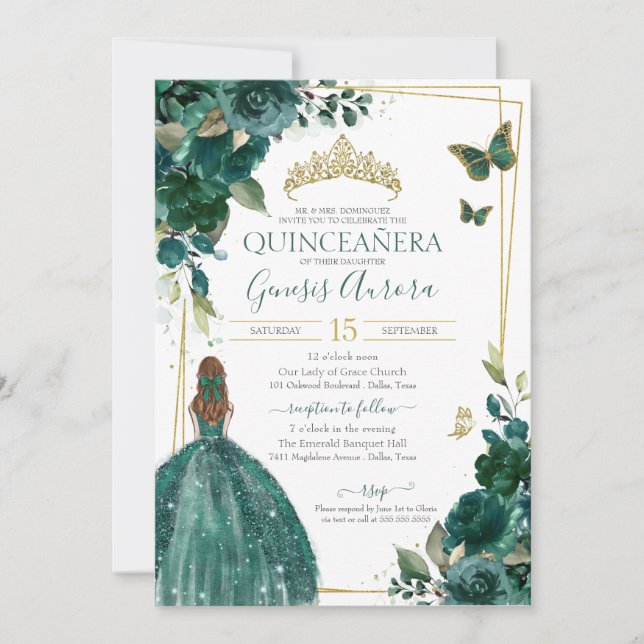 Emerald Green Floral Butterfly with Dress Invitation (Front)